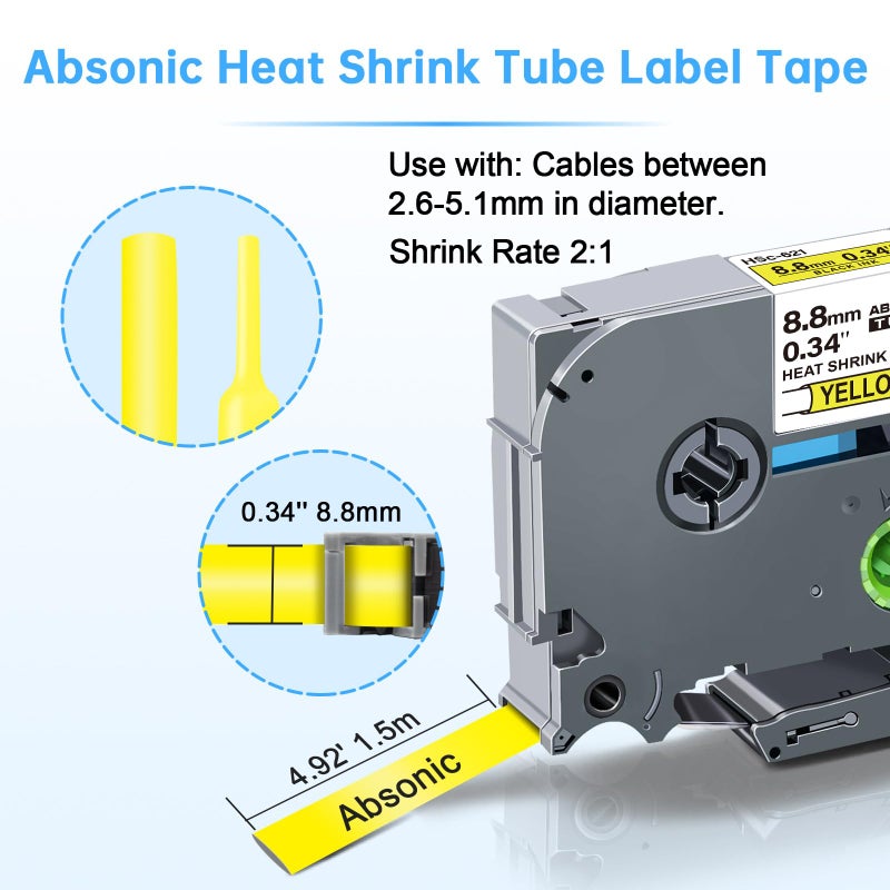 Absonic 3-Pack Compatible Hse Label Tape Replacement for Hse-621 Hse621 HS621 Heat Shrink Tube 8.8mm 3/8" Black on Yellow Tape for PT-E300 PT-H300 PT-E500 PTE550W PT-P750WVP PTE800W - Image 2